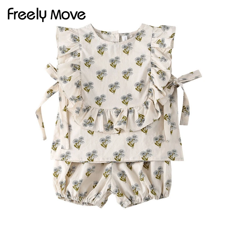 Freely Move Cute Girls Clothes Sets Floral 2Pcs Kids Ruffle Sleeveless Tank Top +Short Outfits for Girl Clothing Adorable Summer