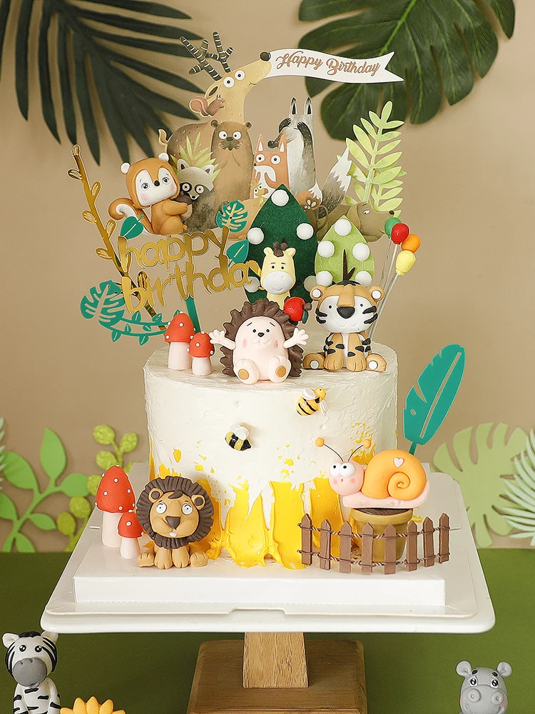 

Forest Animal Lion Giraffe Elephant Panda Birthday Soft Pottery Animal Cake Topper For Children's Day Decoration Baking Supplies