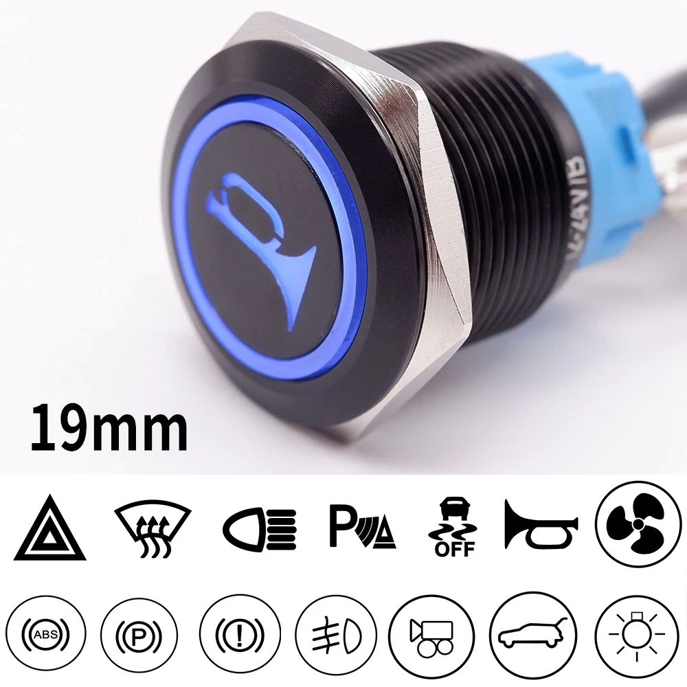 

19mm Customizable Button Black Self-Reset/Latching Push Button Switch With Led Light Car Function Identification Glow Symbol 12V