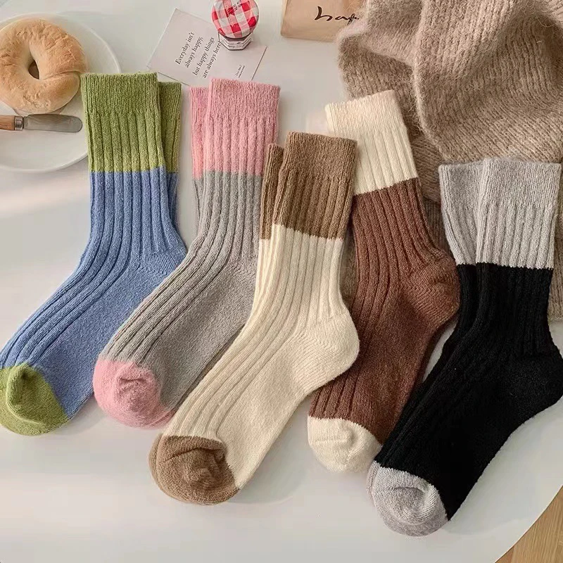 

Зимние теплые носки, женские утепленные носки из кроличьей шерсти, свободные носки для постели, розовые, серые, подходящие цвета, Базовые носки в рубчик, женские подарки