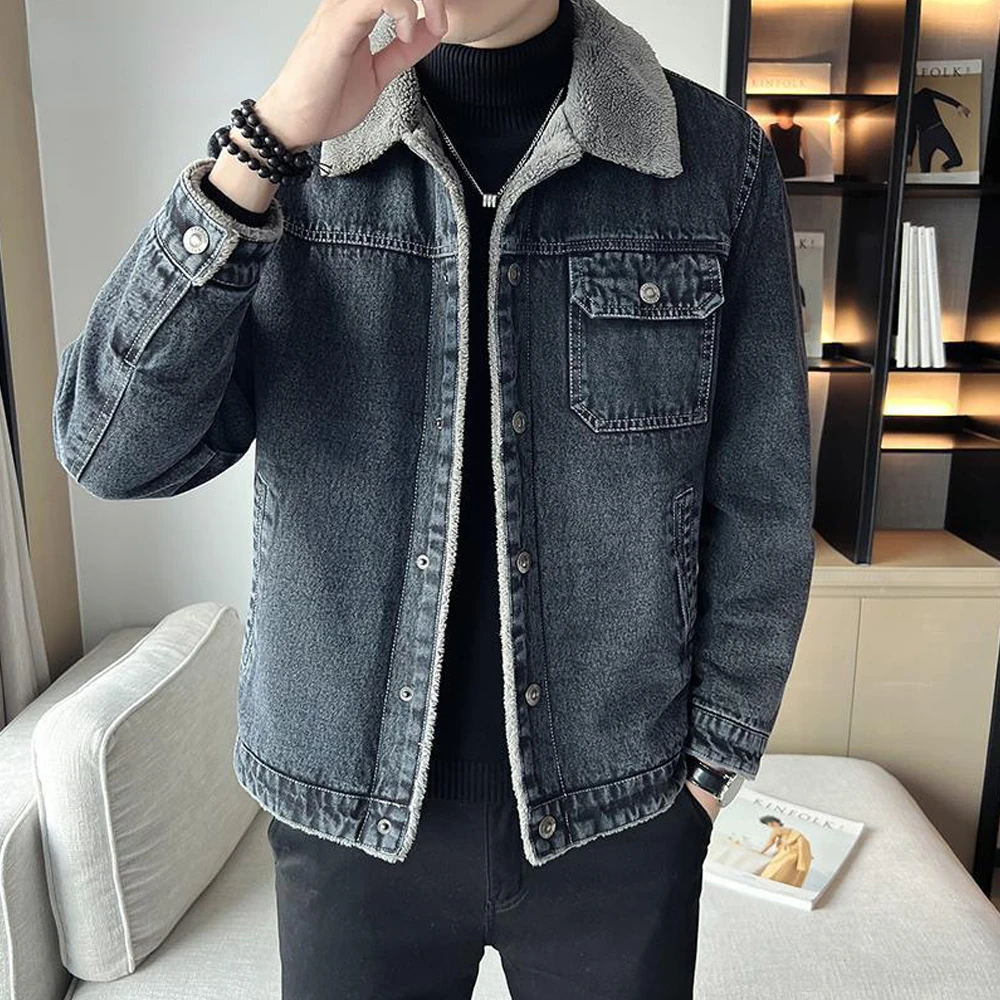 

2022 Men Clothing Fashion Demin Jackets Winter Jean Coats Lepal Collar Basic Tops Male Street Casual Velvet Jean Jacket Men