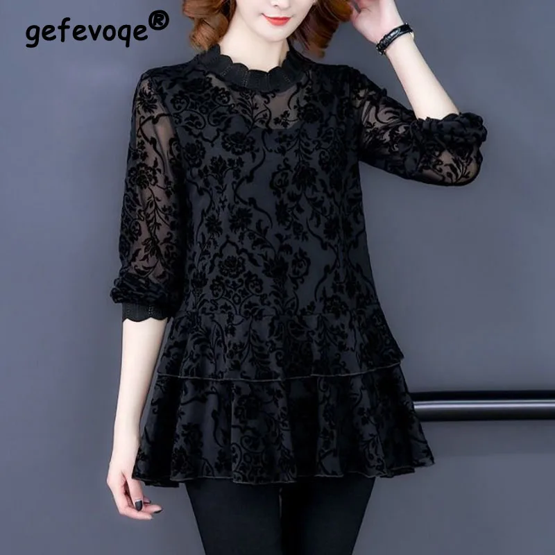 

Elegant Fashion Gauze Spliced Black Flocking Blouse Women's Clothing Casual Loose All-match Ruffles Long Sleeve Pullovers Shirt