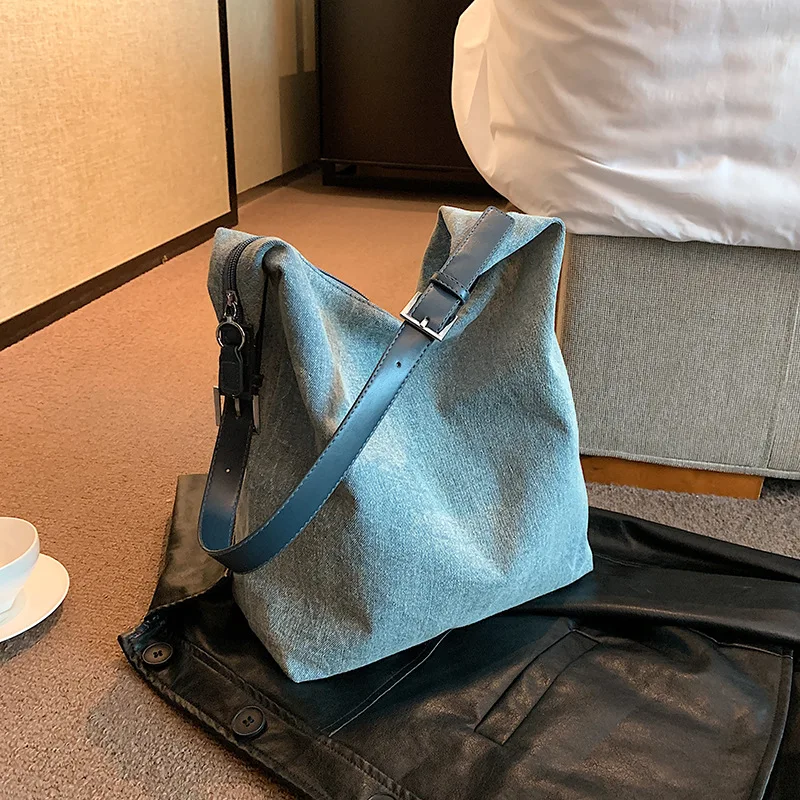 

Сумка-мешок женская из денима, повседневный вместительный саквояж на плечо, дорожная сумочка на молнии, тоут, мессенджер