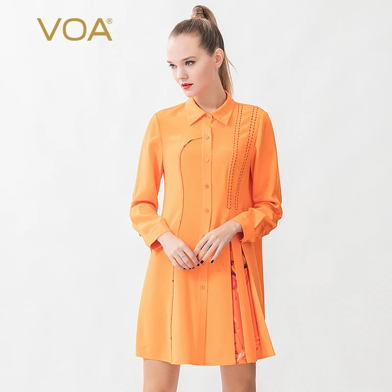 

VOA 36m/m Heavy Silk Women Shirt Orange-Red Shirt Collar Filler Rolloff Arch Stitch Craft Single-Breasted Elegant Blouses B9332