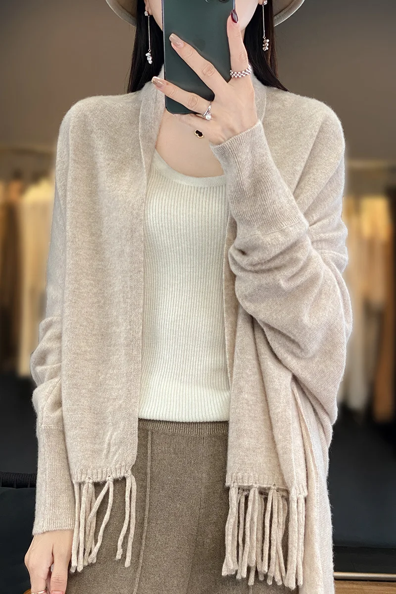 

100% Merino Wool Tassel Buttonless Solid Color Shawl Cardigan Sweater Traf Official 2023 Autumn And Winter New Women's Top Coat