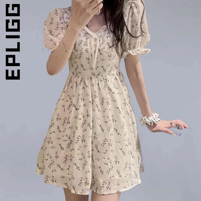 

Epligg New Women Dress Vocation Floral Sundress Korean Puff Sleeve Mini Dress Outfits Simple Chic Vestidos Female Clothing