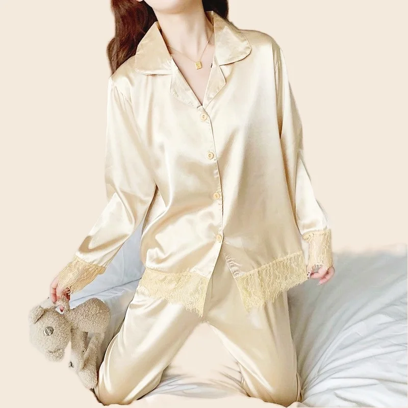 Women's Sexy Lace Pajamas Set Full Sleeve T-shirt Long Pants 2Piece/Set Cozy Silk Pyjama Mom Homewear Plus Size Rayon PJS