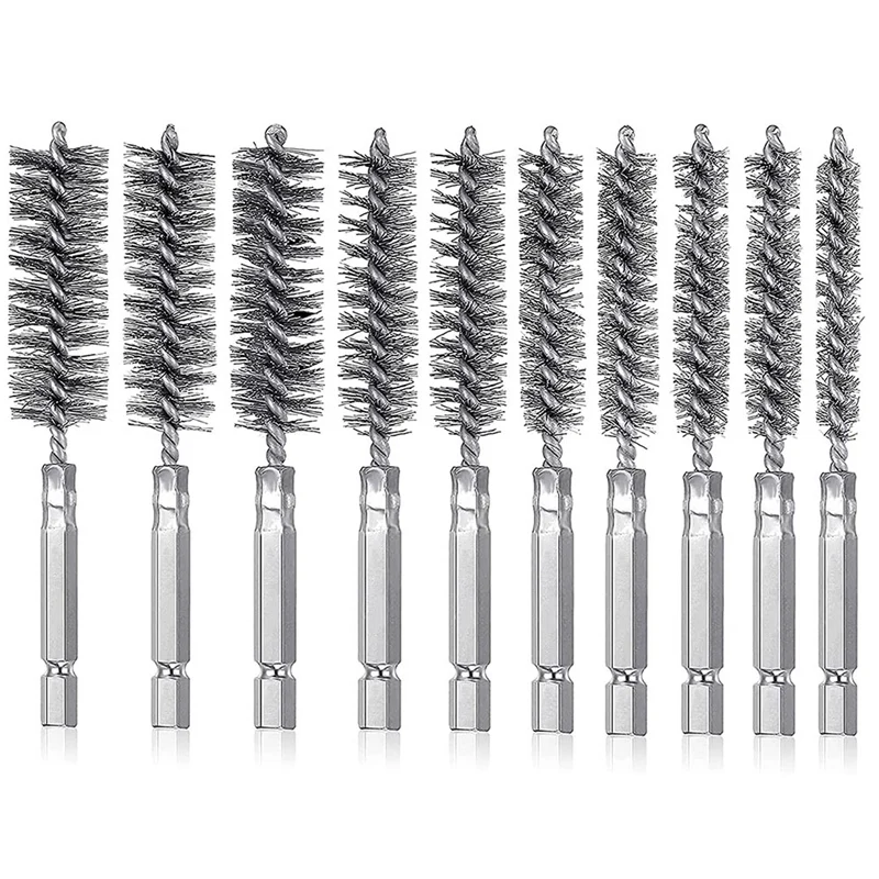 

10Pc Bore Brush Set Stainless Steel Wire Brushes With Tubes Ports Bearings Cleaning 1/4Inch Hex Shank For Power Drill