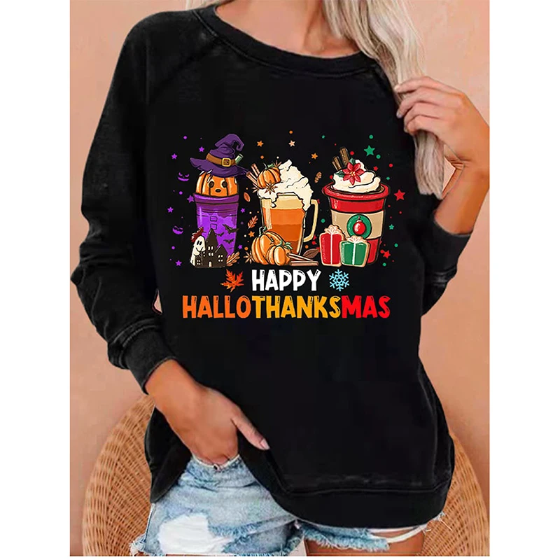 

Rheaclot Coffee Costume Halloween Thanksgiving Christmas Printing Women's Causal Cotton Long Sleeve SweatShirt