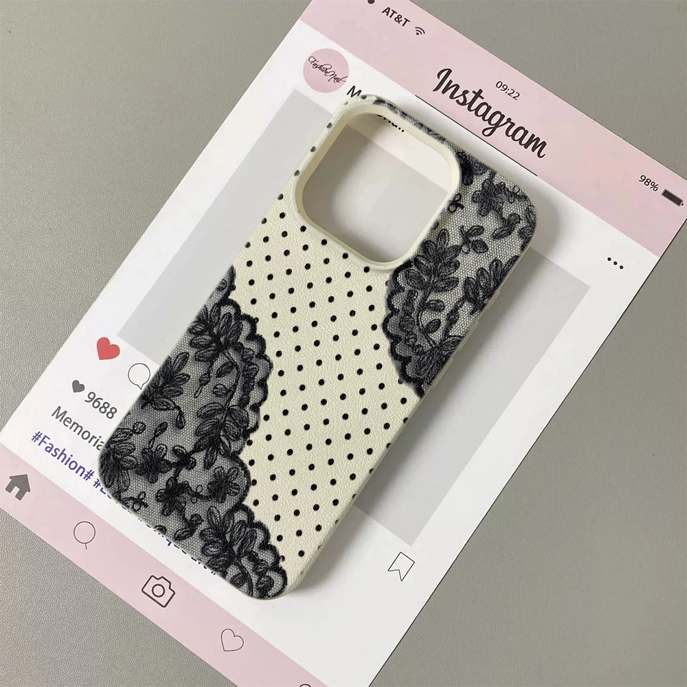 Фото Чехол для телефона iPhone 11 14 17 15 13 16 12 Plus Pro Air, черный, кружевной, в горошек, элегантный, с защитой от падений, устойчивый к царапинам, прозрачный №4