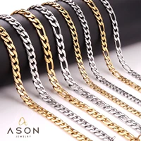 asonsteel gold color stainless steel fashion long cuba link chains necklace for women men width 5mm 7mm choker jewelry daily