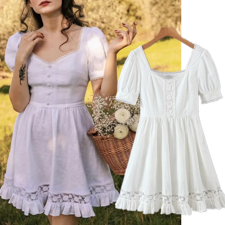 

Jenny&Dave Elegant Dress Vintage Square Collar Sexy Mini Summer Dress Women France Style Infie Folk Romantic Lace Splicing