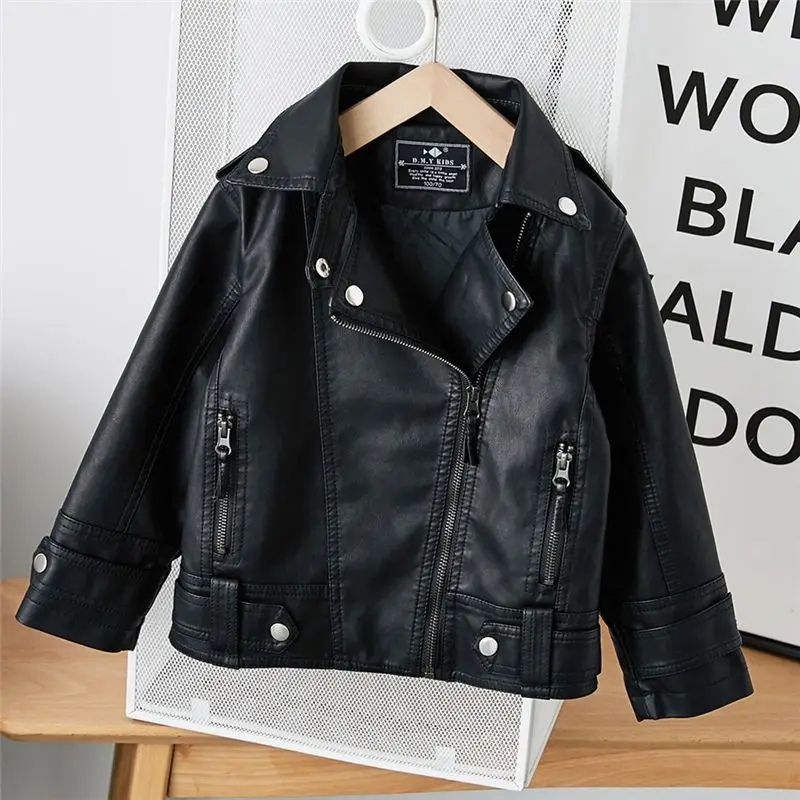 

New Girls Boys Black Pu Zipper Jackets Kids Baby Leather Jacket Spring Autumn Cool Coat Children Clothes Overcoats 2-14T