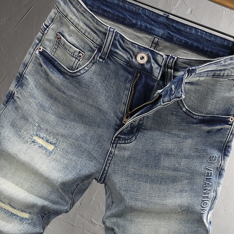 Fashion Designer Men Jeans Summer Trendy Retro Blue Elastic Ripped Short Jeans Embossed Vintage Hip Hop Denim Shorts Hombre
