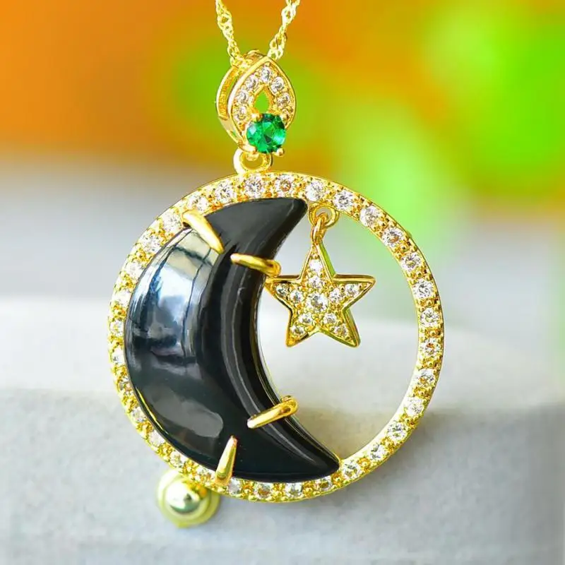 

Подвеска из натурального черного нефрита, звезда, луна, кулон, циркон, изумруд, Хэтянь, нефрит, круглые подвески, ожерелье, Женские Ювелирные ...