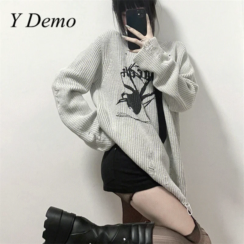 

Y Demo Gothic Spider Printing Women Loose Knitted Sweater For Women Worn-out Long Sleeve Female Pullover Autumn