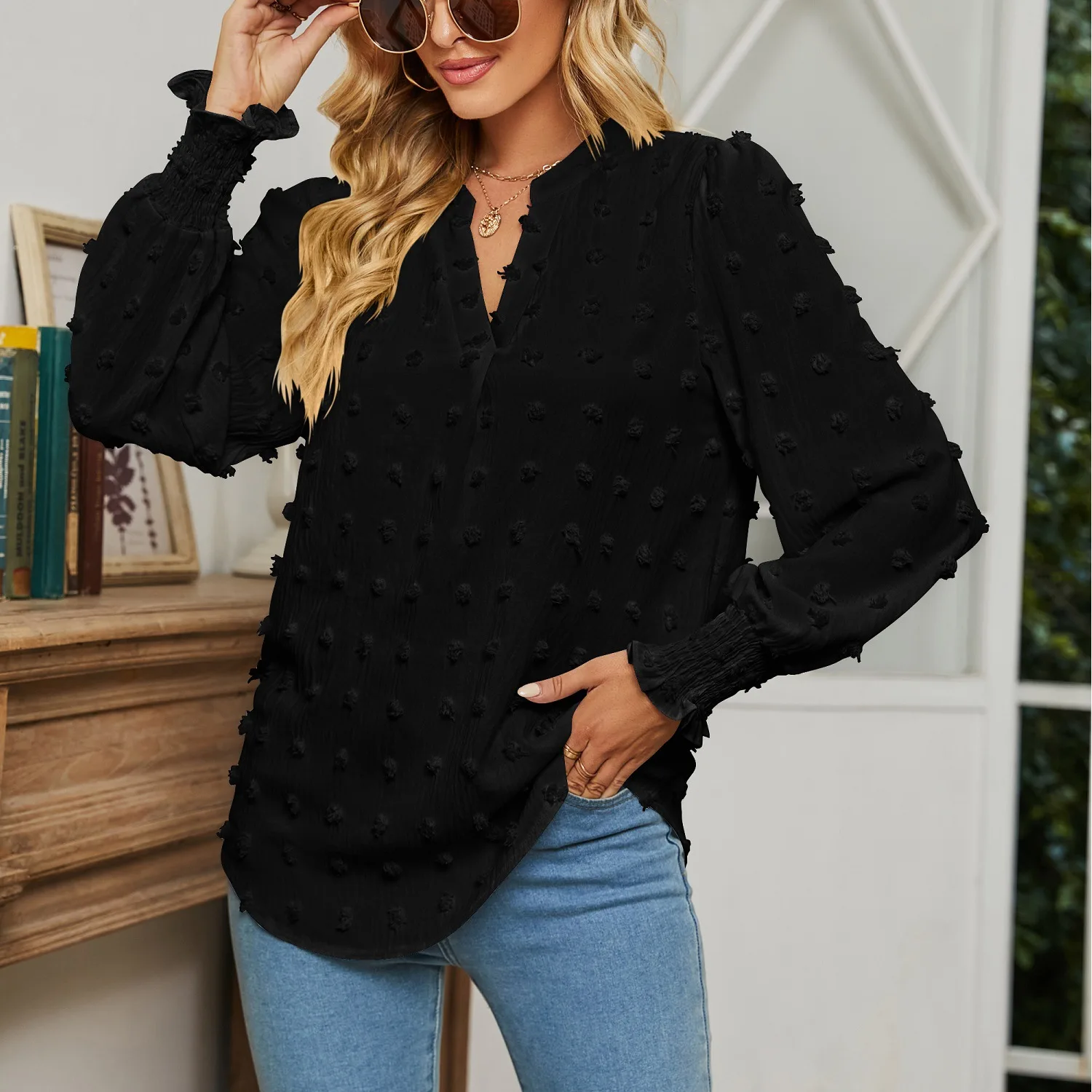 

Commuting Daily Lady Office Autumn New Dotted Long Sleeve V-Neck Shirt Confort Casual Women Loose SolidBlouse Regulai Fit
