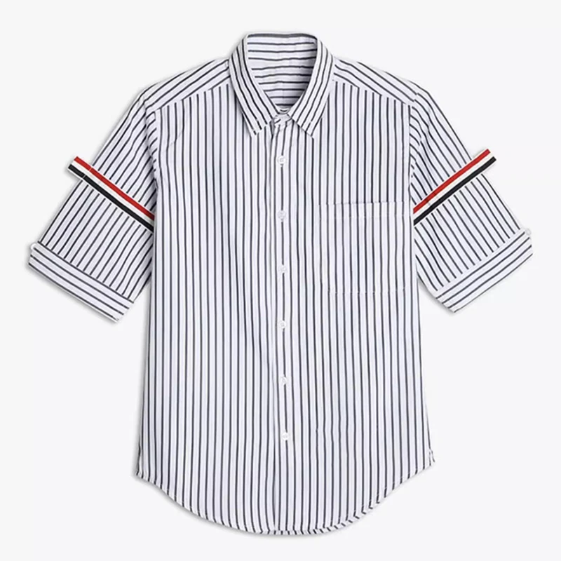 

TB THOM Men's Shirt Striped Armband Fashion Brand Men Clothing Slim Casual Poplin Cotton Short Sleeve Korean Oversized Shirts