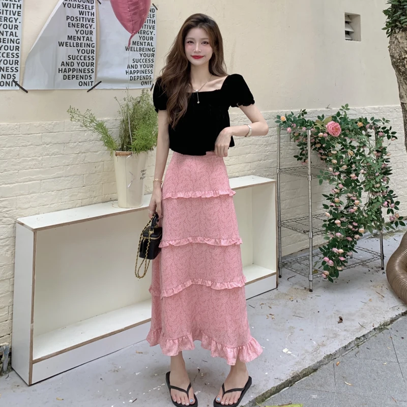 Chic Ruffle Faldas Largas Mujer Summer Print Pink Long Skirts for Women High Waist Mid-length A-line Woman Skirt