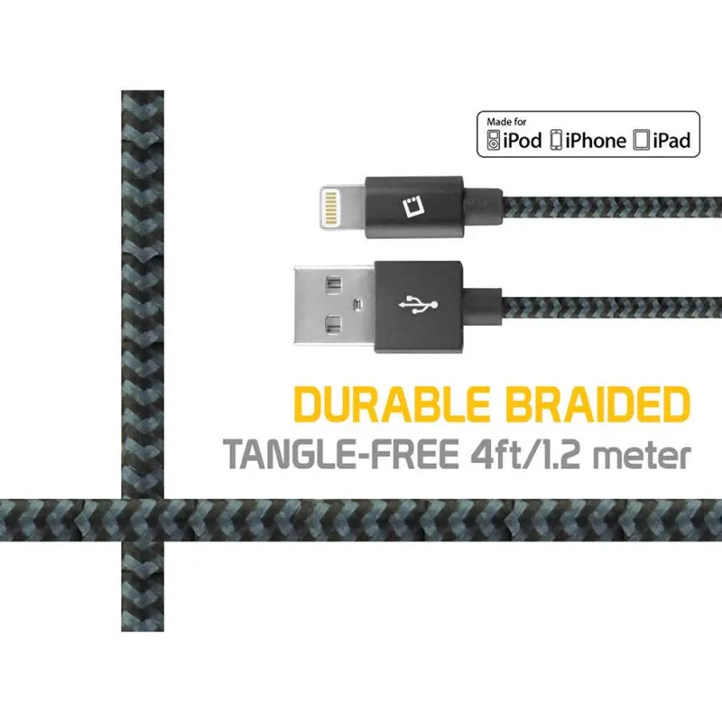 4ft. Heavy Duty Braided  MFI Certified Lightning to Reversible USB Charging/Data Sync Cable - Black