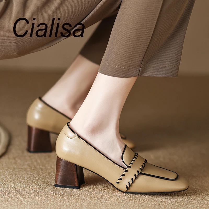 

Cialisa Newest Women's Shoes 2023 Spring Fashion Genuine Leather Pumps Square Toe Handmade High Heels Footwear Apricot Sizes 40