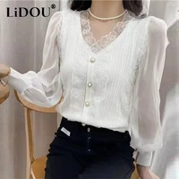 spring summer lace patchwork buttons elegant fashion pullover blouse femme oversized long perspective sleeve all match shirt top