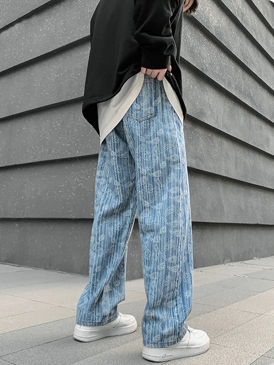 YIHANKE Men's Jeans Style Cashew Flower Loose Straight Jacquard Trousers Fashion Streetwear Ins Hot Sale Y2K Men's Clothing