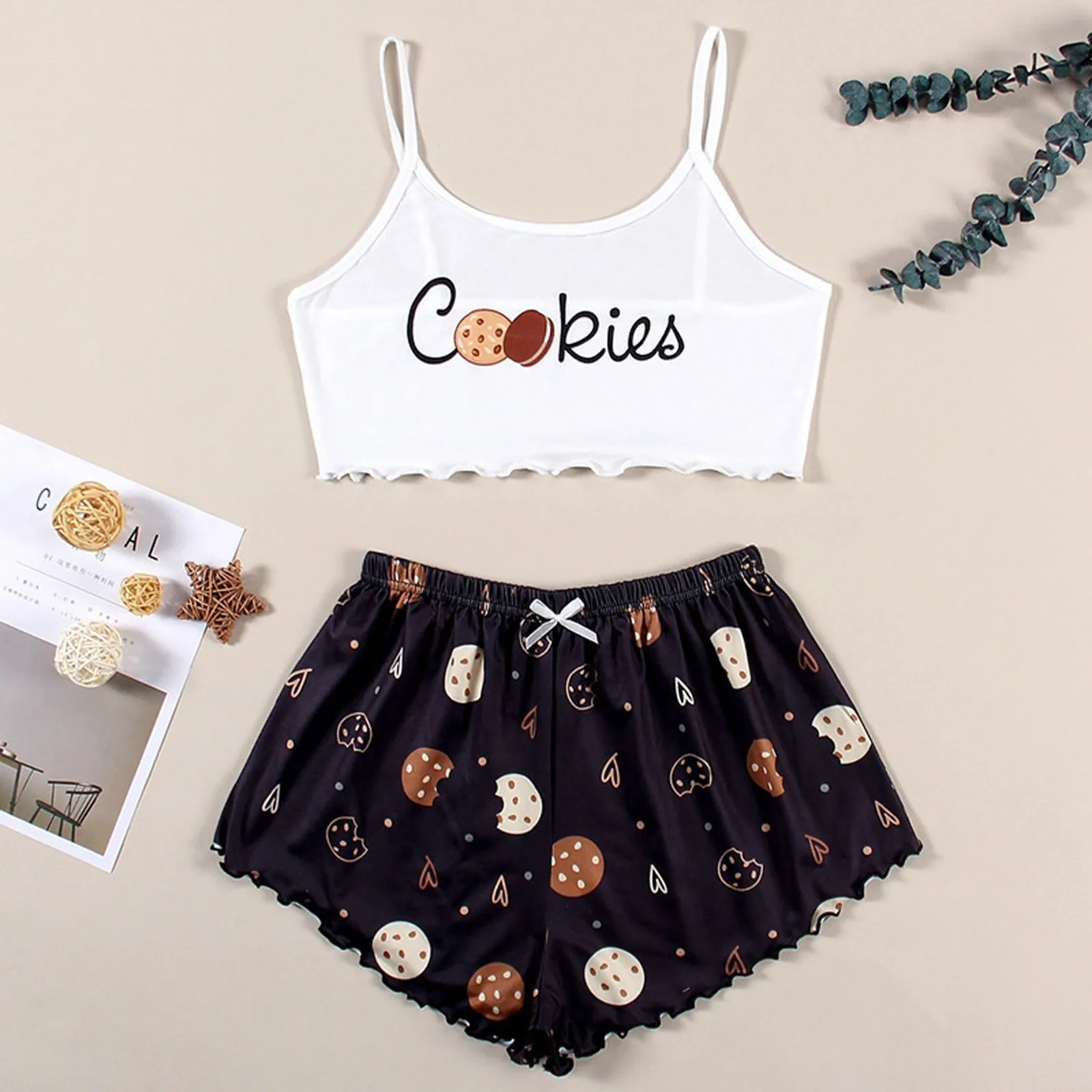 

Женская пикантная одежда для отдыха, из двух предметов, без рукавов, с принтом печенья, домашний топ и шорты, пижамный комплект, одежда для сна, лето 2022, # p3