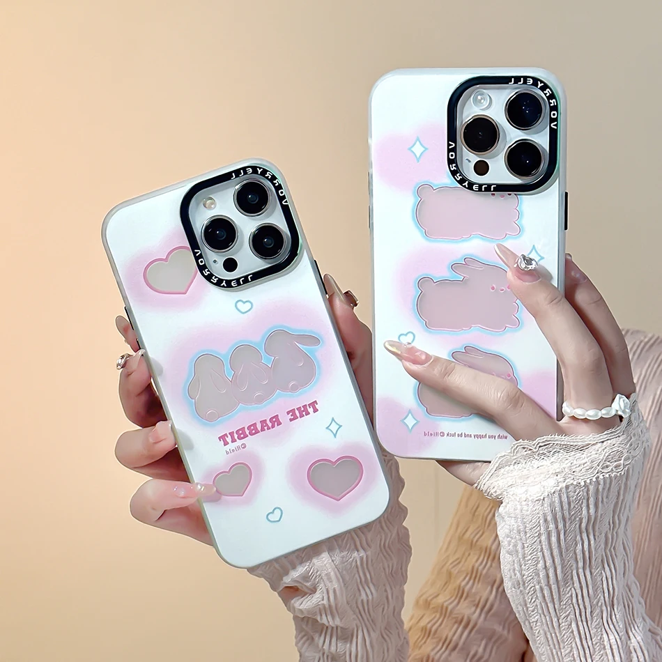 

For iPhone 14 Pro Max Case Pink Hollow Heart Three Rabbits Laser Vitality Case For iPhone 13 12 11 Pro Max Shockproof Soft Cover