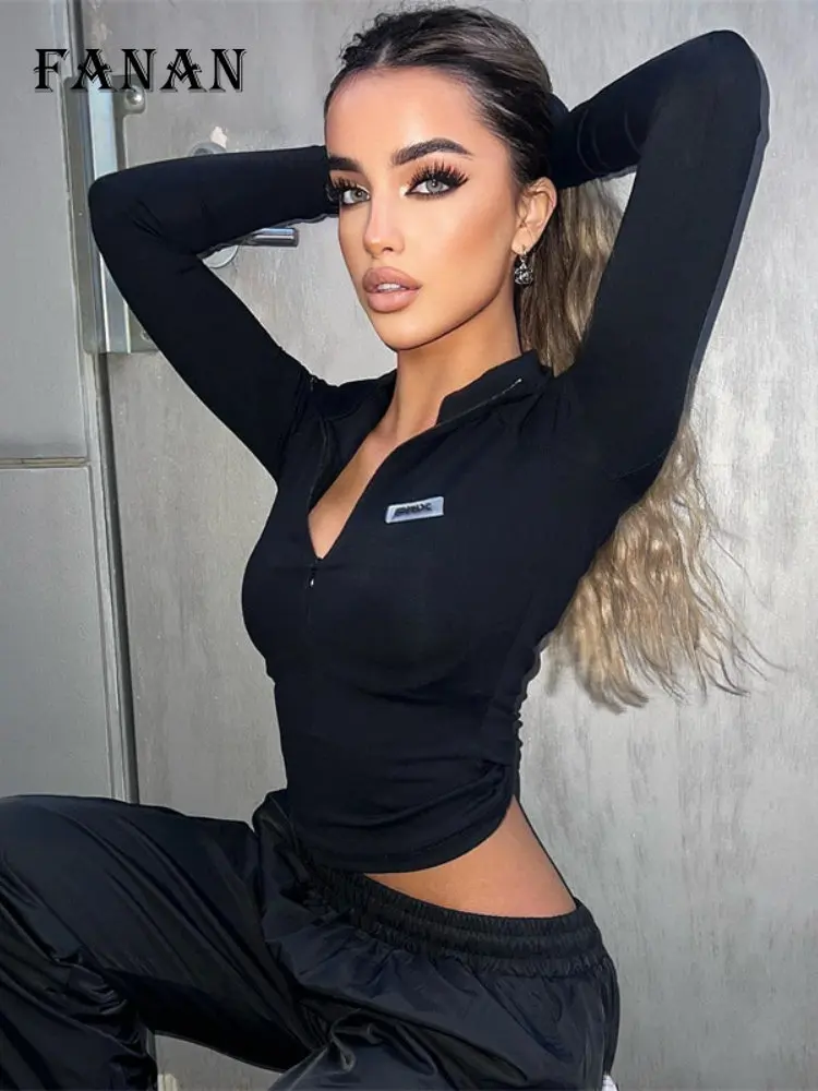 

Сексуальные облегающие топы, женская черная Базовая Модная рубашка на молнии, Осень-зима, повседневная облегающая одежда с длинным рукавом ...