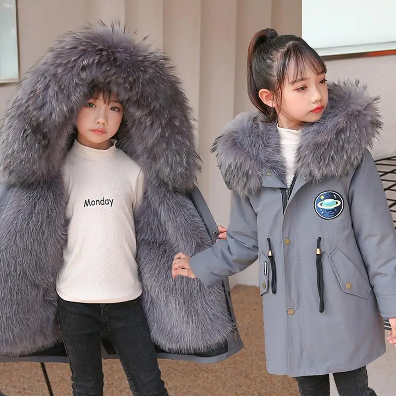 

2022 Fur Warm Baby Boy Coats Hooded Girls Snow Jackets Outdoor Fashion Kids Outerwear Thick Windproof Children Parks Clothes