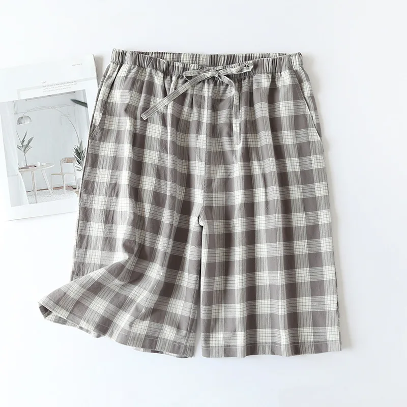 Summer Plaid Mens Sleep Bottoms Nightwear Loose Cotton Sleeping Pants With Pockets Men Leisure Knee-length Sleep Shorts Homewear
