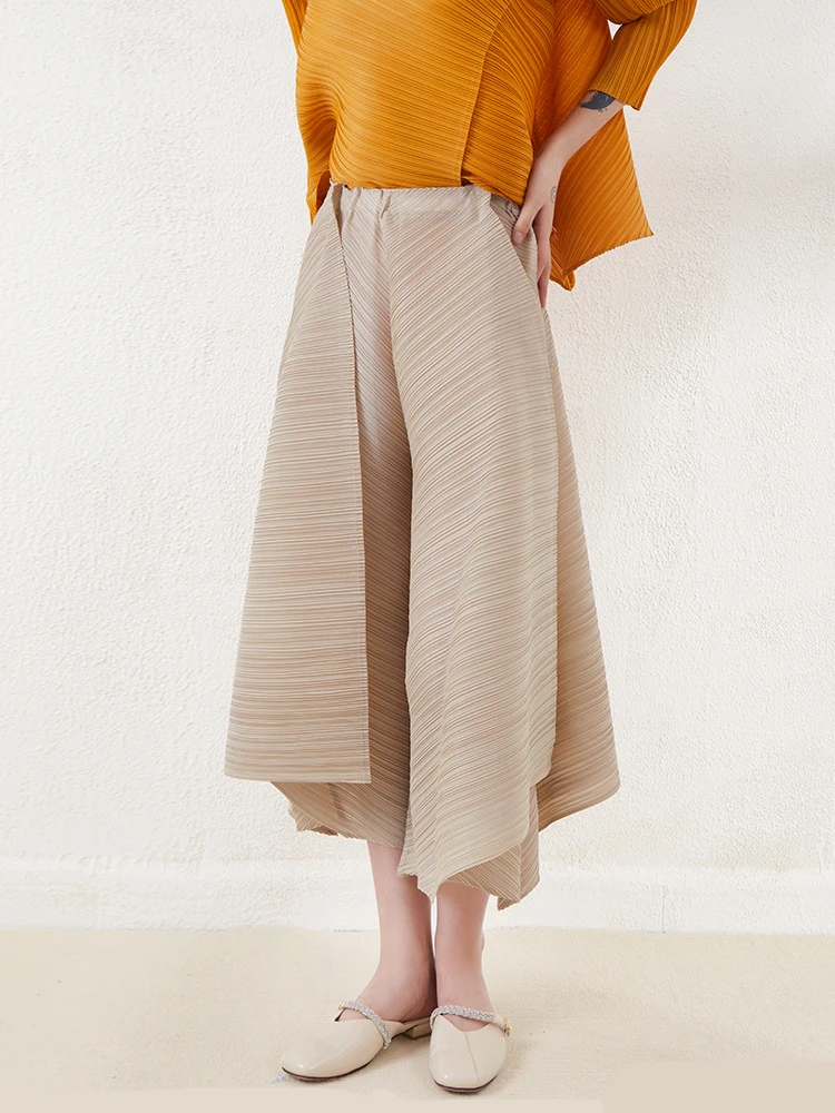 Miyake Pleated Wide Leg Pants Korean Fashion High Waist Loose Big Size Ankle-Length Cropped Harem Pants Women Designer Trousers