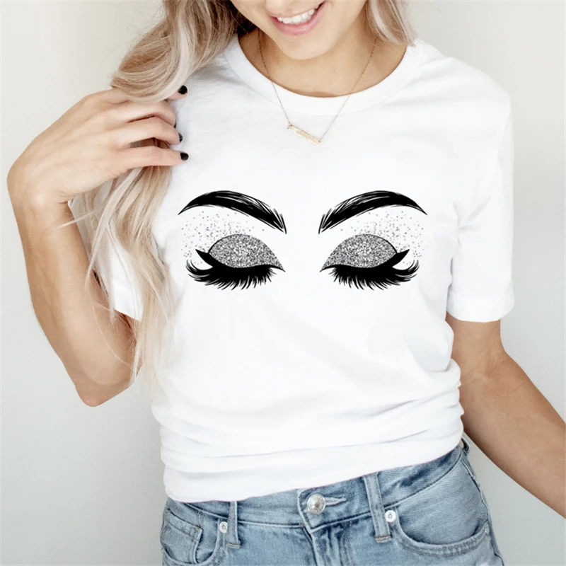 

Women 90s Cute Style Lovely Eye Lashes Trend Print T-shirts Graphic T Top Fashion Short Sleeve Summer Shirt Female Tee T-Shirt
