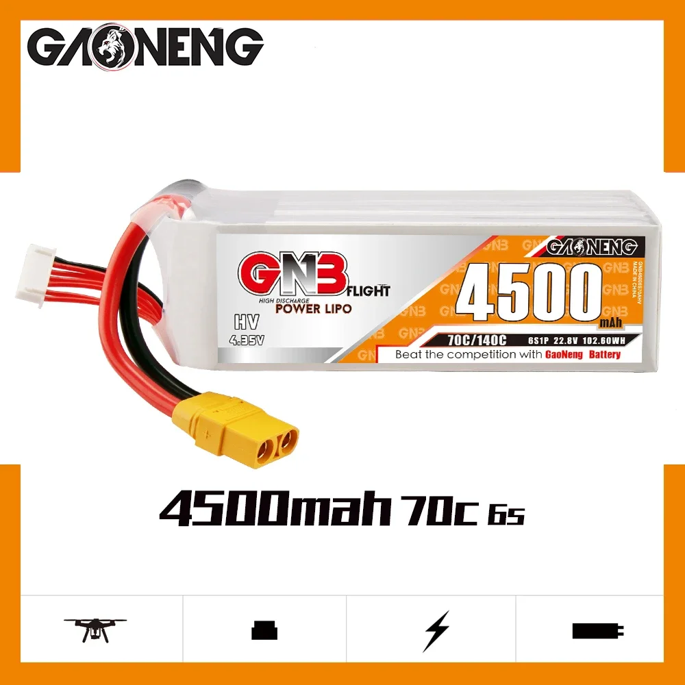 

GAONENG GNB 6S1P 4500mAh 22.8V 70C Light Weight HV Lipo Battery XT90S Plug For FPV Drone RC Helicopter Car Boat Tank UAV Parts