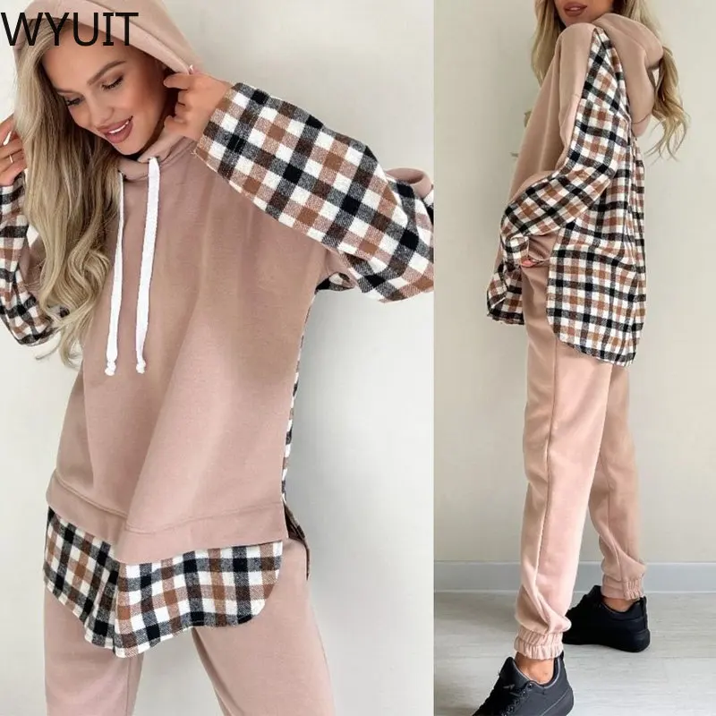 

Casual Patchwork Plaid Hooded Sweatshirt Tracksuit Long Sleeve Hoodies Pullover Pants Set Women 2 Piece Suit Outfit Sportswear