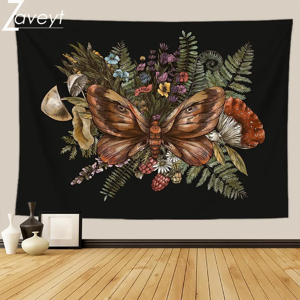 

New Psychedelic Black Night Mystery Butterfly Print Tapestry Mushroom Leaf Forest Plant Floral Goblincore Series Witch Tapestry