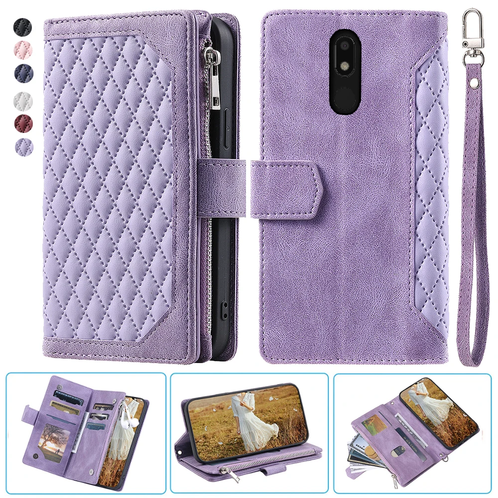 

For Nokia 3.2 Fashion Small Fragrance Zipper Wallet Leather Case Flip Cover Multi Card Slots Cover Folio with Wrist Strap