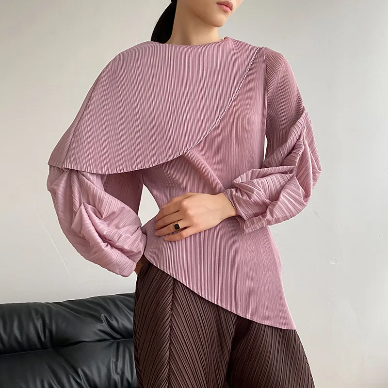 Japanese designer pleated puff sleeve design top women's summer taro purple thin loose temperament T-shirt