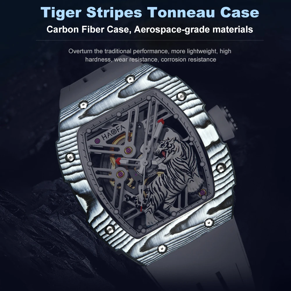Фото Мужские автоматические механические часы Haofa Skeleton 3D Tiger из углеродного волокна с сапфировым стеклом, светящиеся, водонепроницаемые, повседневные, модные, 1973 №3