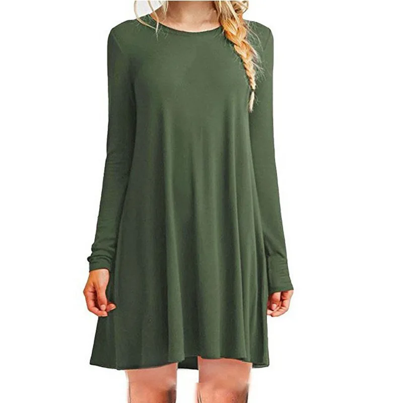 

Однотонное Повседневное платье с длинным рукавом, праздничный стиль, Женские Короткие Элегантные Простые свободные платья, фоторазмер XXL