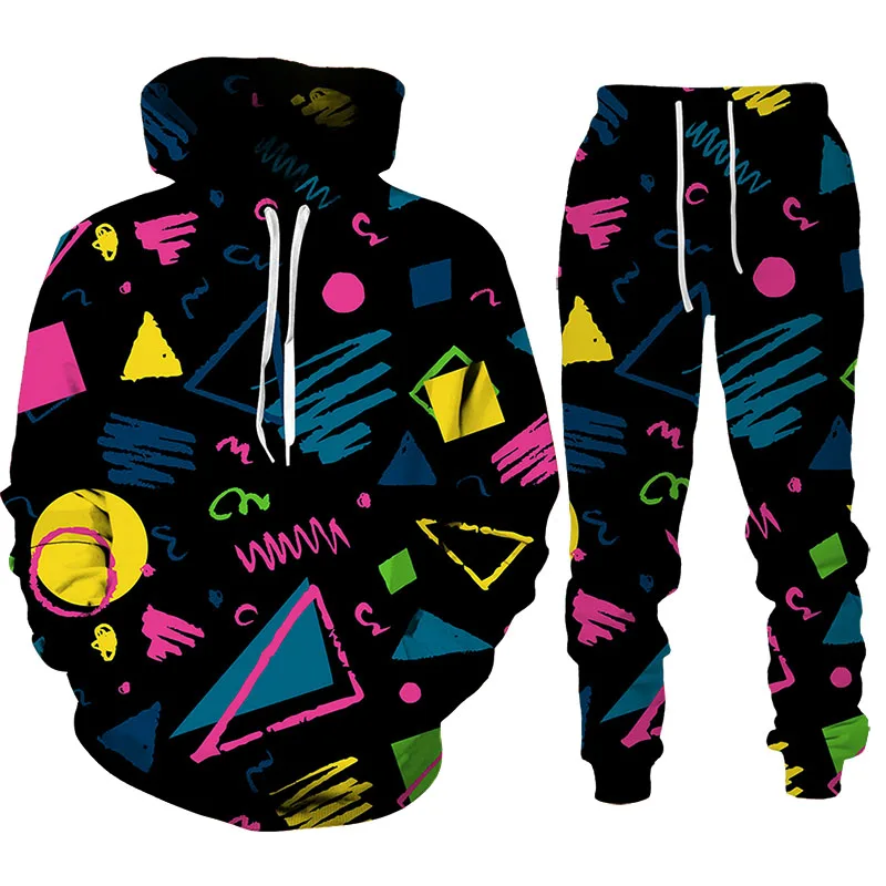 2022 Spring and Autumn New Men's Fashion 2-Piece Hip Hop Top + Pants Sports Suit Men/Women Fun Geometric Print Hoodie Set