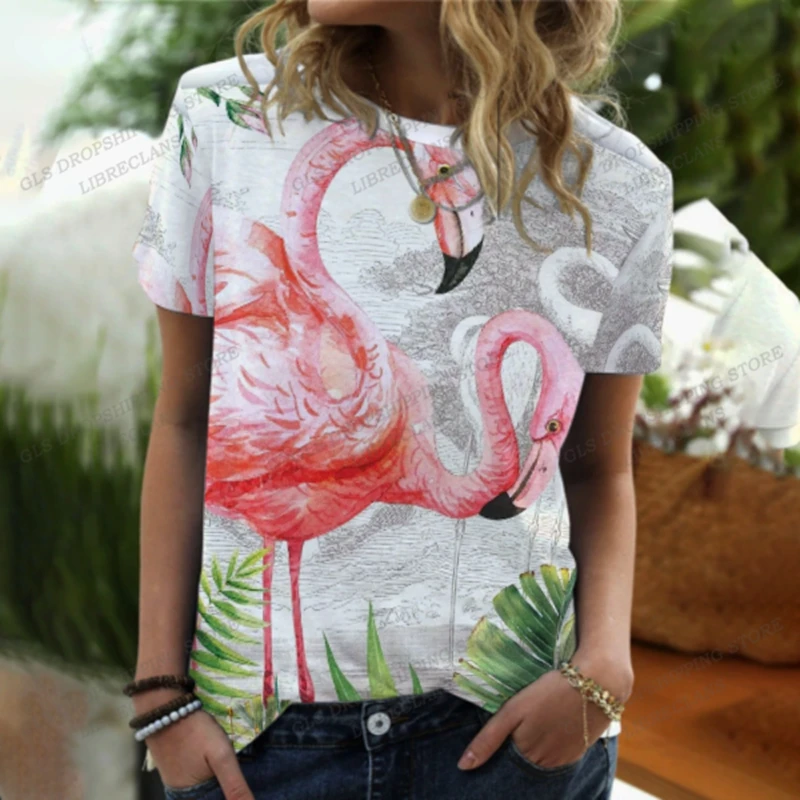 

2023 Summer Floral Girl Women Fashion T-shirts Kids Hip Hop Tees Tops Flamingo Print O-Neck Casual Clothing Harajuku Casual Tops