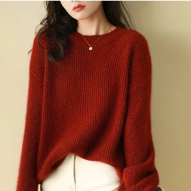 Осенне-зимний женский вязаный повседневный свободный свитер из чистой шерсти 100