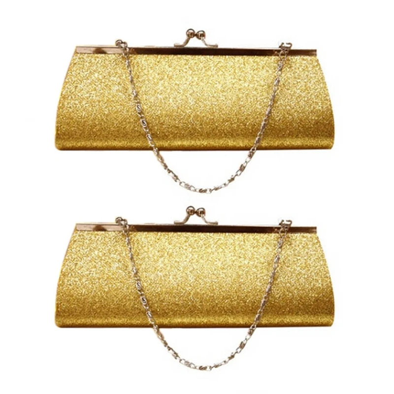 

2X Women Glitter Clutch Purse Evening Party Wedding Banquet Handbag Shoulder Bag (Gold)