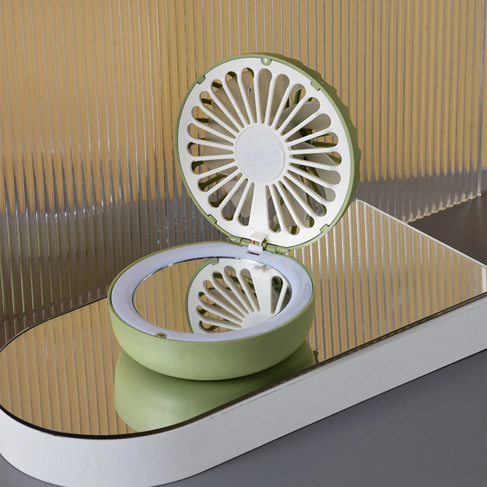 

Portable LED Light Fan Compact Make Up Mirror 2 in 1 Mini Handheld Fan Cartoon USB Rechargeable Cooling Outdoor Small Fan