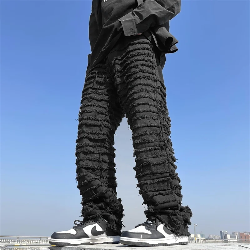 White Hip Hop Jeans Striped Tassel Frayed Straight Baggy Jeans Pants Harajuku Male Female Solid Streetwear Casual Denim Trousers