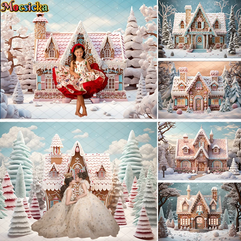 

Mocsicka Winter Xmas Gingerbread House Photography Backdrop Kids Portrait Cake Smash Photo Background Christmas Tree Candy Decor