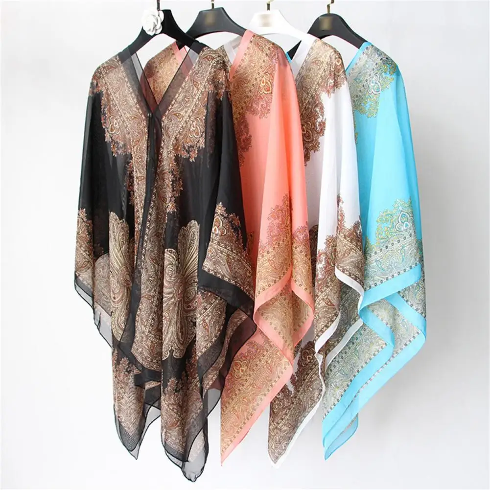 

Popular Women Shawl Cashew Flower Print Sun Protection Beachwear Elegant Vintage Bikini Cover Up