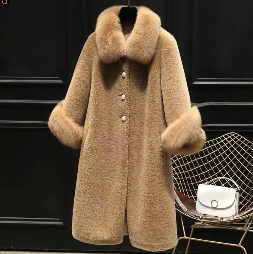 2022 Winter Women's Thick Warm Faux Mink Fur Outerwear Middle Aged Female Faux Fur Coats with Fox Collar Oversized Elegant Lady